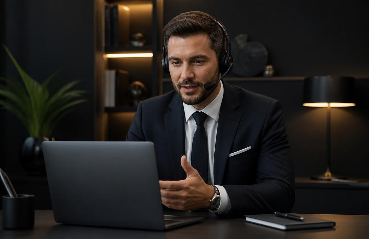 Client support adviser speaking with a client from an office desk